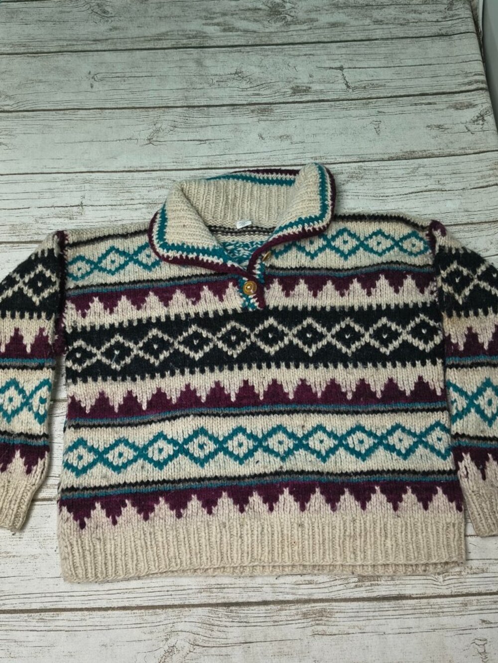 Vintage Hand Knit Wool Sweater Ecuador Fair Isle Geometric Thick Knit Pullover